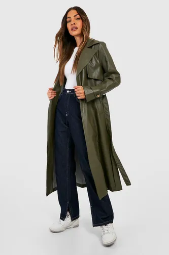 Womens Faux Leather Trench Coat - Green - 14, Green