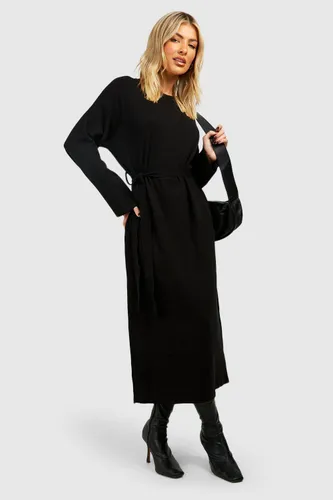 Womens Fine Gauge Belted Knitted Midaxi Dress - Black - S, Black