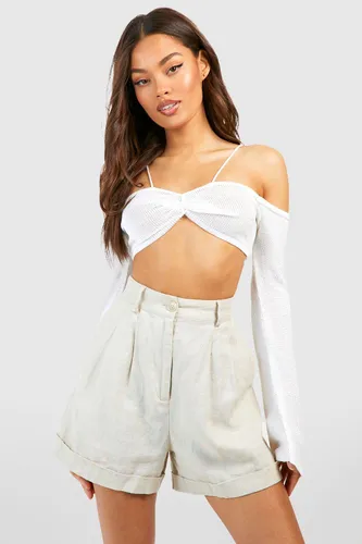 Womens Fine Gauge Strappy Bardot Knitted Crop Top - White - L, White