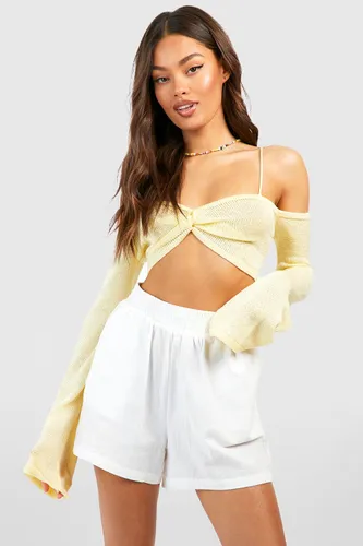 Womens Fine Gauge Strappy Bardot Knitted Crop Top - Yellow - M, Yellow