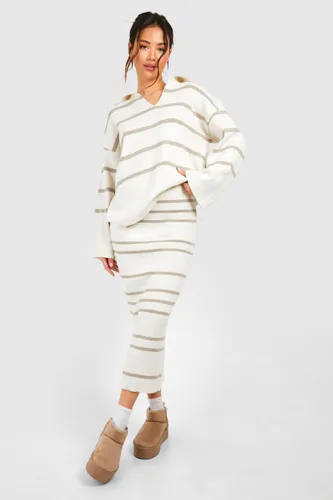 Womens Fine Gauge Stripe Collaed Jumper And Skirt Knitted Set - Beige - M/L, Beige