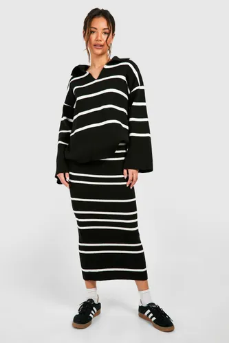 Womens Fine Gauge Stripe Collaed Jumper And Skirt Knitted Set - Black - S/M, Black