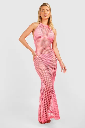 Womens Fishnet Open Back Beach Maxi Dress - Pink - M, Pink