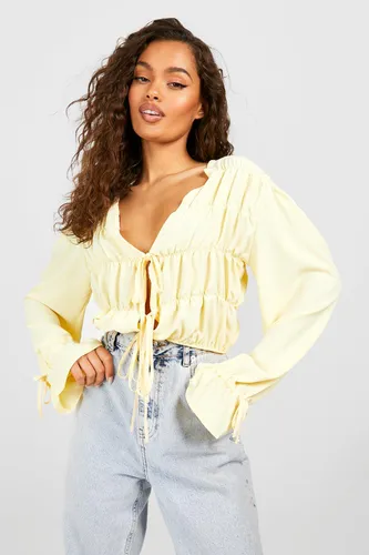 Womens Flared Cuff Ruched Detail Blouse - Yellow - 10, Yellow