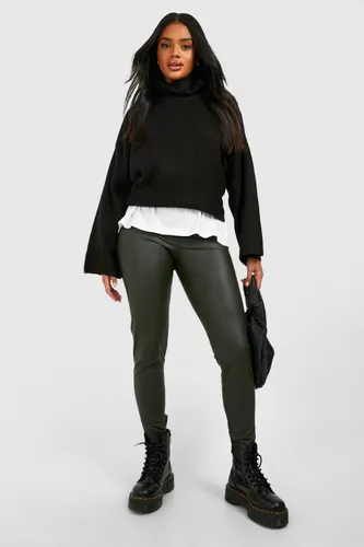 Womens Fleece Lined Matte Leather Look Leggings - Green - S, Green