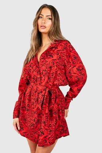 Womens Floral Batwing Belted Shirt Dress - Red - 8, Red