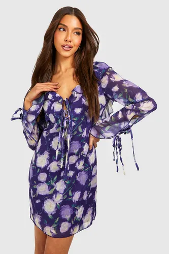 Womens Floral Chiffon Drape Mini Dress - Purple - 16, Purple