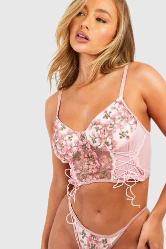 Womens Floral Embroidery Bralet & Thong Set - Pink - M, Pink