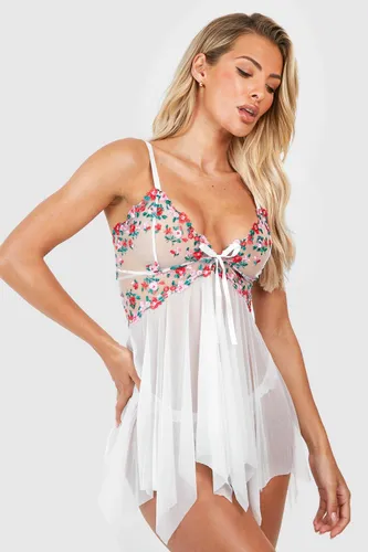 Womens Floral Embroidery Mesh Babydoll - White - M, White