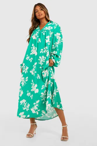 Womens Floral Print Blouson Sleeve Midaxi Smock Dress - Green - 8, Green
