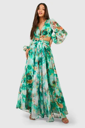 Womens Floral Print Chiffon Cut Out Maxi Dress - Green - 10, Green