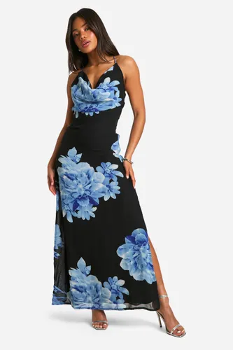 Womens Floral Print Cowl Neck Maxi Dress - Black - 6, Black