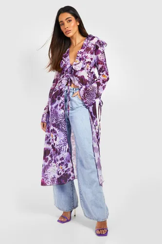Womens Floral Print Frill Kimono - Purple - S, Purple