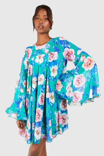 Womens Floral Print Pleated Detail Smock Dress - Green - 8, Green