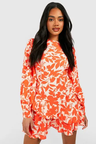 Womens Floral Print Ruffle Skater Dress - Orange - 14, Orange