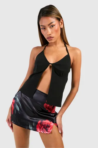 Womens Floral Printed Satin Mini Skirt - Black - 6, Black