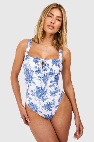 Womens Floral Ruched Detail Swimsuit - Blue - 6, Blue