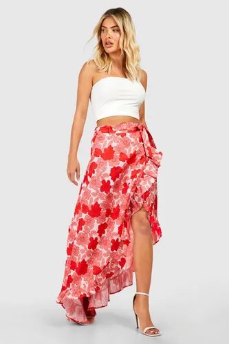 Womens Floral Ruffle Hem Wrap Front Maxi Skirt - Pink - 6, Pink