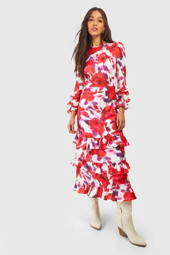 Womens Floral Ruffle Midaxi Dress - Red - 8, Red