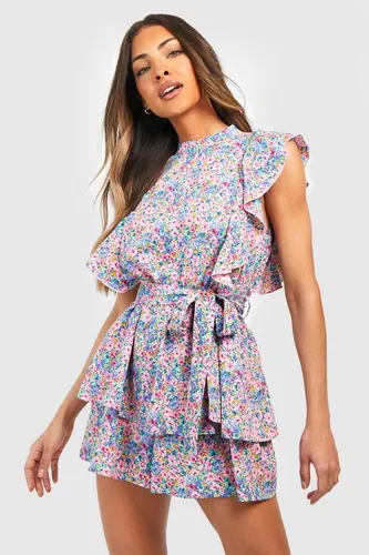 Womens Floral Ruffle Woven Playsuit - Multi - 14, Multi