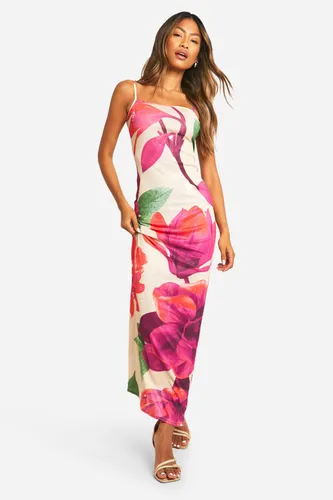 Womens Floral Sheer Print Maxi Dress - Beige - 8, Beige