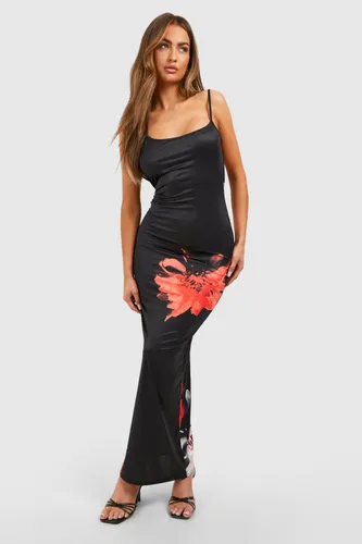 Womens Floral Slinky Low Back Maxi Dress - Black - 10, Black