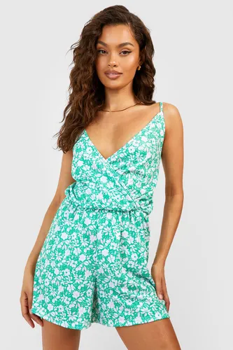 Womens Floral Strappy Flippy Wrap Playsuit - Green - 8, Green