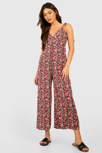Womens Floral Tie Strap Wide Leg Jumpsuit - Red - S, Red