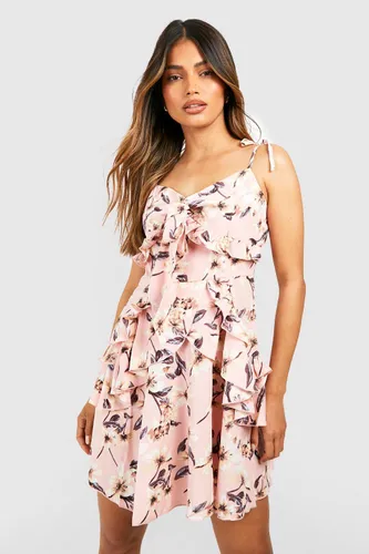Womens Floral Tiered Ruffle Tie Detail Swing Dress - Pink - 16, Pink