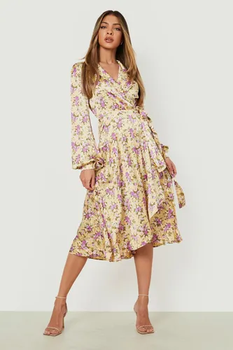 Womens Floral Wrap Belted Midi Dress - Yellow - 10, Yellow
