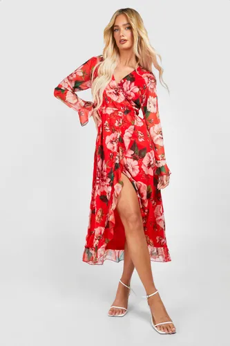 Womens Floral Wrap Midaxi Dress - Red - 10, Red