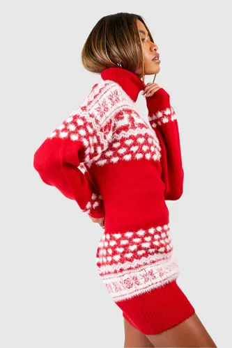 Womens Fluffy Knit Roll Neck Fairisle Christmas Jumper Dress - Red - S, Red