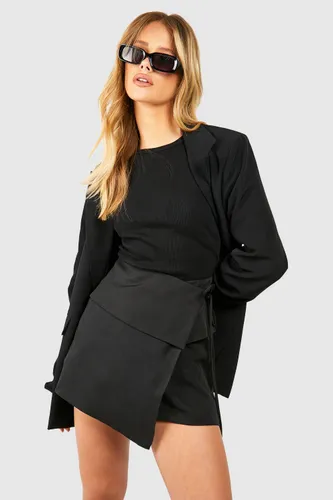 Womens Folded Waist Wrap Tie Tailored Mini Skirt - Black - 6, Black