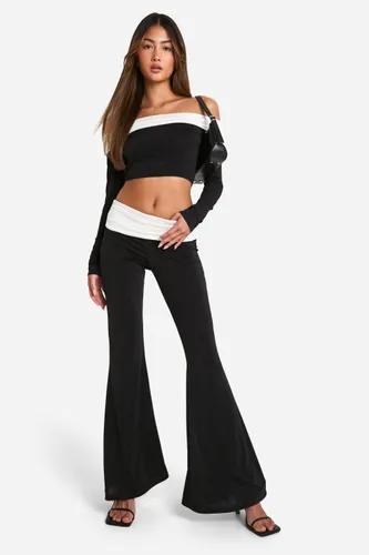 Womens Foldover Contrast Waistband Flared Trousers - Black - 6, Black