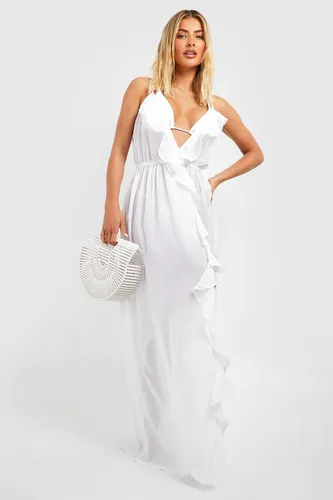 Womens Frill Split Maxi Beach Dress - White - S, White