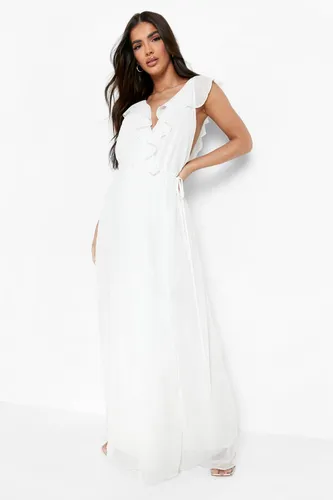 Womens Frill Wrap Detail Chiffon Maxi Bridesmaid Dress - White - 14, White