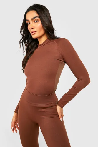 Womens Funnel Neck Seamfree Gym Top - Brown - S, Brown