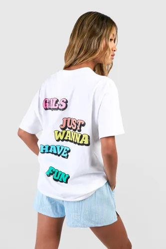 Womens Girls Just Wanna Have Fun Back Printed Oversized T-Shirt - White - L, White