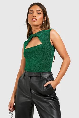 Womens Glitter Twist Neck Sleeveless Bodysuit - Green - 12, Green