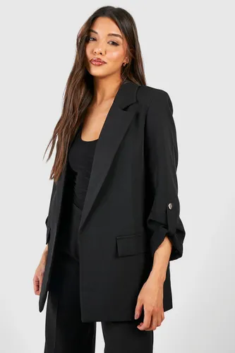 Womens Gold Button Turn Cuff Relaxed Fit Blazer - Black - 6, Black