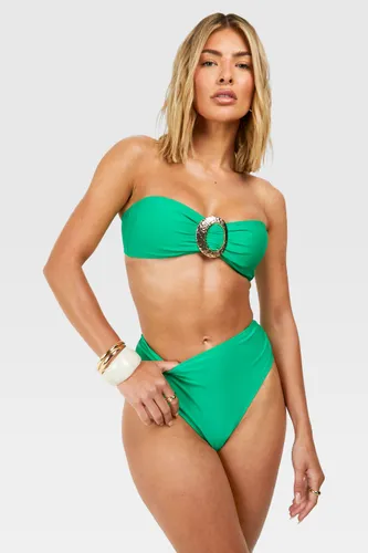Womens Gold Trim Bandeau High Waist Bikini Set - Green - 6, Green
