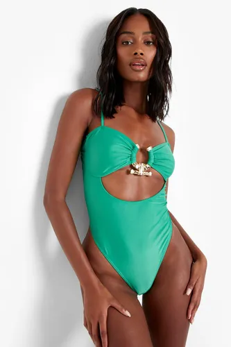 Womens Gold Trim Cut Out Strappy Swimsuit - Green - 6, Green