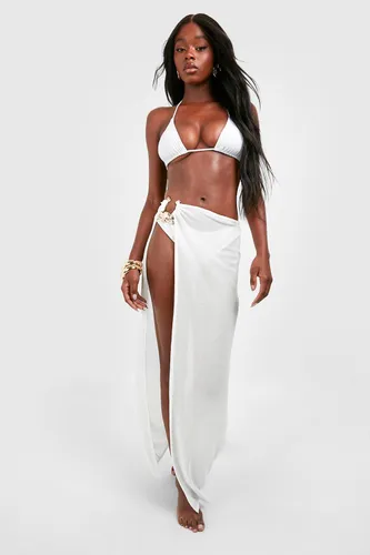 Womens Gold Trim Side Split Knitted Beach Maxi Skirt - White - M, White