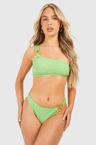 Womens Gold Trim Textured One Shoulder Bikini Set - Green - 6, Green