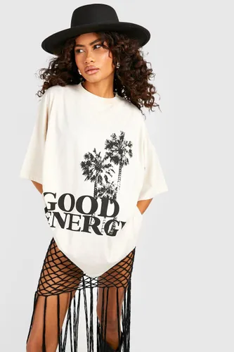 Womens Good Energy Super Oversized Graphic T-Shirt - Beige - S, Beige
