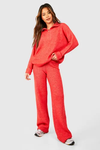 Womens Half Zip Funnel Neck And Wide Leg Trouser Knitted Set - Red - 8, Red
