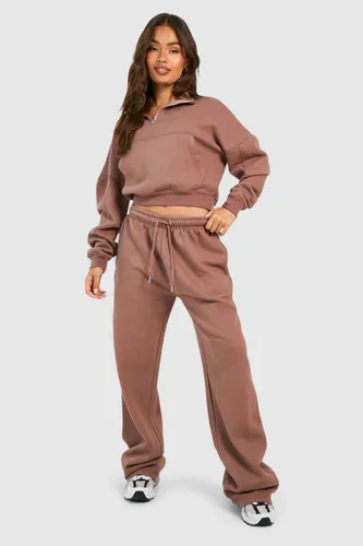 Womens Half Zip Sweatshirt And Straight Leg Jogger Tracksuit - Brown - S, Brown