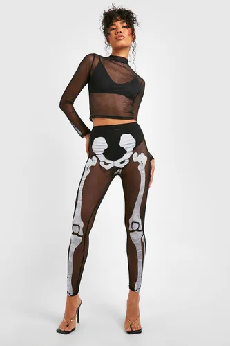 Womens Halloween Foil Mesh Skeleton High Waisted Leggings - Black - 6, Black