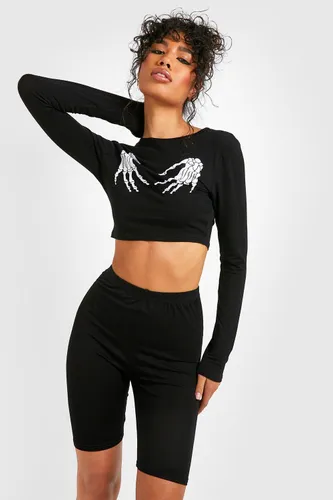 Womens Halloween Skeleton Hands High Neck + Shorts Co-Ord - Black - 6, Black
