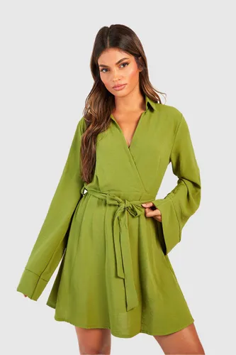 Womens Hammered Flared Sleeve Tie Waist Shirt Dress - Green - 6, Green